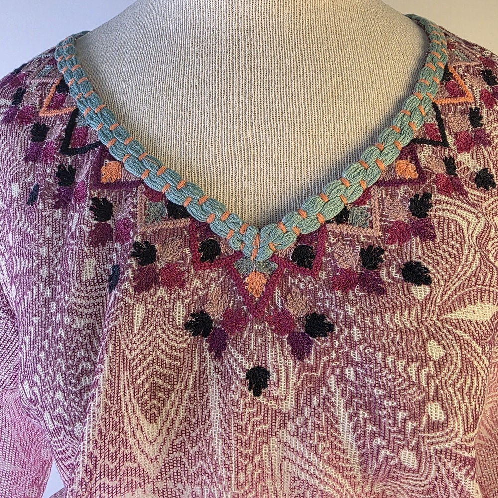 Akemi + Kin Blouse Women's Small Boho Embroidered Sheer Mesh Pink Purple Top - Picture 4 of 10